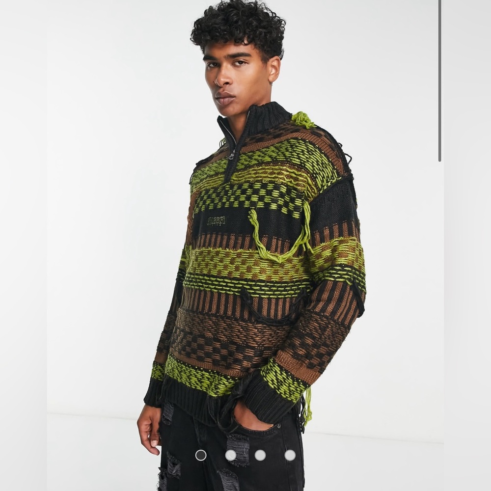 Men's Green and Brown Patterned Half-Zip Sweater
